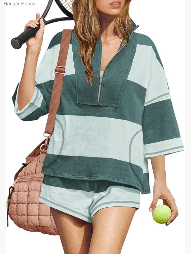 Striped 2 Piece Lounge Set Top Shorts Pockets Loose Fit Stretchy Workout